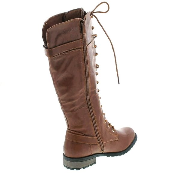 New Women Tan Lace Up Knee High Combat Boots - Picture 2 of 2